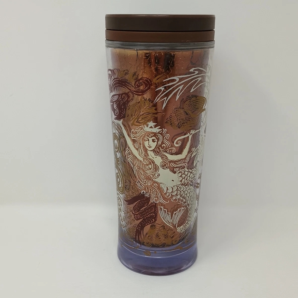 STARBUCKS 2009 Mermaid Siren Copper Brown Tone Travel Tumbler Mug Cup 16oz